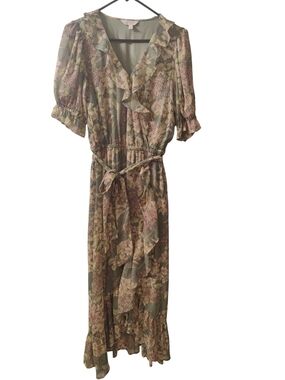 Laura Conrad Floral Ruffle Maxi Dress in Sage Green and Blush